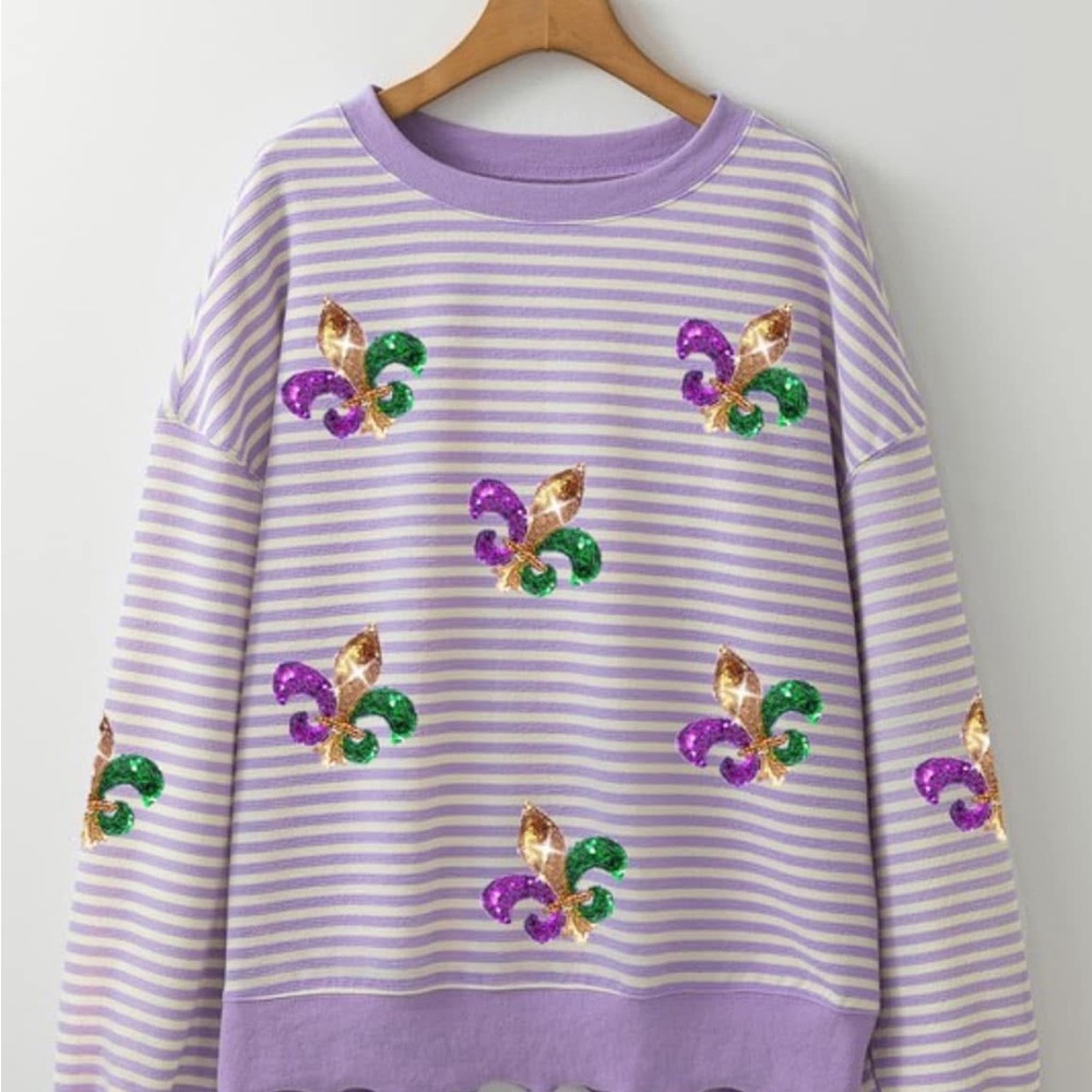 Striped Purple Sweatshirt with Fleur-de-Lis Design